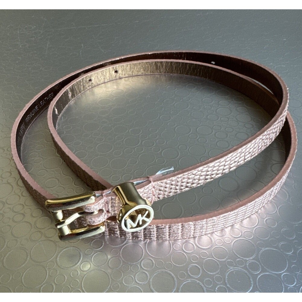 Michael Kors Rose Gold Metallic Skinny Belt MK Logo Genuine Leather - Size Large